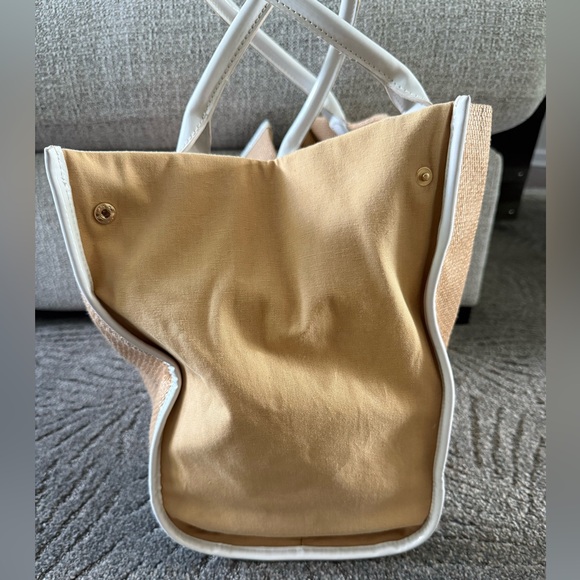 TORY BURCH Ella Tote Bag in White Patent Leather and Beige Raffia/Canvas Fabric - Picture 6 of 13